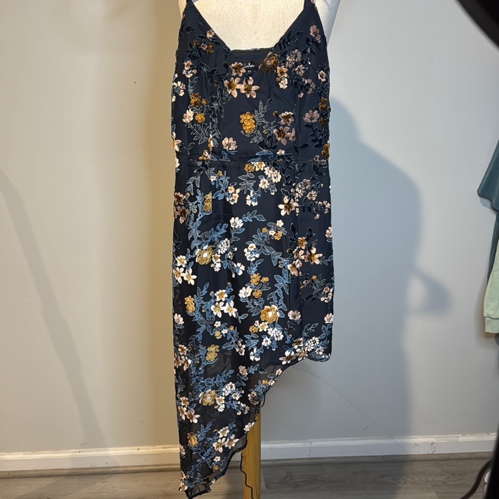 Lulu's Asymmetrical Blue and White Slip Dress with velvet detailing